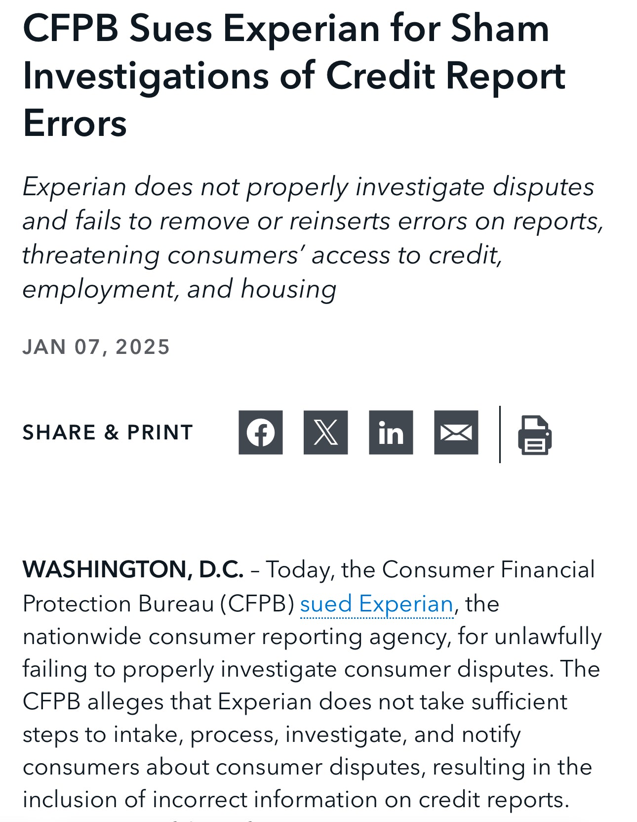 CFPB VS EXPERIAN LAWSUIT DISPUTE LETTERS